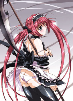 Rule 34 | airi (queen's blade), airi (queen's blade), airi (the infernal temptress), ass, bare shoulders, black thighhighs, butt crack, gradient background, long hair, maid, maid headdress, mi mori nana tsutomu, panties, queen's blade, red hair, scythe, skirt, skirt flip, standing, thighhighs, twintails, underwear