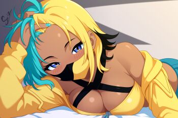 1girl aqua_hair blonde_hair blue_eyes breasts canari_(pokemon) cleavage collarbone dark-skinned_female dark_skin hair_down hand_in_own_hair highres jacket large_breasts looking_at_viewer lying mask mouth_mask multicolored_hair nintendo on_stomach pokemon pokemon_legends:_z-a solo split-color_hair su1zide yellow_jacket