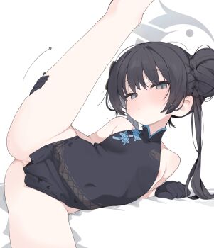 1girl black_dress black_gloves black_hair blue_archive blush braid braided_bun breasts china_dress chinese_clothes clenched_hand double_bun dragon_print dress gloves grey_eyes grey_halo hair_bun halo hand_on_own_leg highres holding_own_leg kisaki_(blue_archive) leg_lift leg_up long_hair looking_at_viewer mikozin pelvic_curtain print_dress pussy simple_background sleeveless sleeveless_dress small_breasts solo split twintails