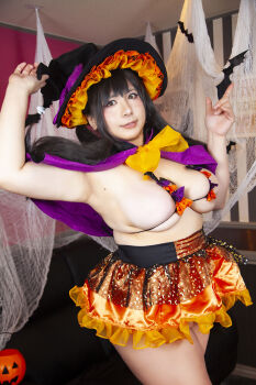 1girl asian black_hair breasts chouzuki_maryou cleavage hat highres large_breasts lipstick makeup photo_(medium) plump solo underboob witch_hat