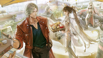 1other 2boys 2girls absurdres alpha:_crimson_weave_(pgr) alpha_(pgr) asymmetrical_clothes black_bra black_coat black_gloves black_hair black_pants blue_shirt bra coat collarbone commentary crop_top crossover cup dante_(devil_may_cry) desert devil_may_cry_(series) devil_may_cry_5 drinking english_commentary fingerless_gloves gloves grin hand_in_pocket highres holding holding_cup leaning_against_motorcycle long_hair lucia:_pyroath_(pgr) lucia_(pgr) multiple_boys multiple_girls navel pants pizza_box ponytail punishing:_gray_raven red_coat shirt single_pantsleg smile stomach twintails underwear vergil_(devil_may_cry) very_long_hair white_coat white_hair white_pants white_shirt xude yamato_(sword)