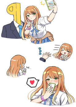 1boy 1girl absurdres blue_ribbon blue_skirt blush brown_cardigan cardigan cardigan_around_waist cellphone clothes_around_waist commentary_request flying_sweatdrops gakuen_idolmaster green_eyes gyaru hatsuboshi_gakuen_school_uniform heart highres holding holding_phone idolmaster kogal latte_(a_nextsystem) long_hair loose_neck_ribbon mole mole_under_eye neck_ribbon orange_hair p-head_producer phone producer_(idolmaster) ribbon school_uniform scrunchie selfie shirt shiun_sumika simple_background skirt smartphone spoken_heart straight_hair very_long_hair white_background white_shirt wrist_scrunchie