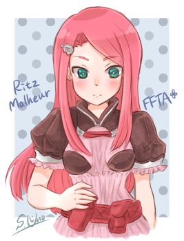 1girl armor blush breasts character_name closed_mouth final_fantasy final_fantasy_tactics_advance gnashino green_eyes hair_ornament hairclip highres long_hair looking_at_viewer pink_hair ritz_malheur small_breasts solo