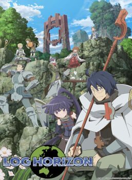Rule 34 | 10s, 3girls, 5boys, akatsuki (log horizon), armor, armored boots, blue hair, boots, brindiamo, brown hair, cliff, closed eyes, cloud, copyright logo, copyright name, day, gauntlets, glasses, highres, holding, holding weapon, isuzu (log horizon), japanese clothes, key visual, log horizon, logo, long hair, lunderhaus cord, miko, minori (log horizon), multiple boys, multiple girls, naotsugu (log horizon), nature, nyanta (log horizon), official art, open mouth, outdoors, pauldrons, polearm, ponytail, promotional art, purple eyes, rapier, ruins, rundelhaus code, shiroe (log horizon), short hair, shoulder armor, sitting, sky, smile, spear, staff, sword, tohya (log horizon), touya (log horizon), tree, weapon