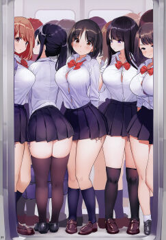 6+girls absurdres bad_anatomy bad_face bag black_footwear black_hair black_skirt black_socks blue_socks blush bow bowtie bra bra_peek breasts brown_eyes brown_footwear brown_hair button_gap cleavage collared_shirt crowded highres kaisen_chuui kneehighs large_breasts loafers long_hair long_sleeves looking_at_viewer mole mole_under_eye multiple_girls non-web_source original over-kneehighs page_number panties pleated_skirt purple_eyes red_bow red_neckwear school_bag school_uniform see-through_clothes shirt shoes short_hair side-tie_panties side-tie_peek skindentation skirt skirt_rolled_up smile socks standing tented_shirt thighhighs train train_interior underwear white_legwear zettai_ryouiki