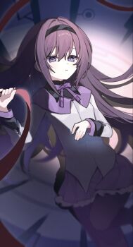 Rule 34 | 1girl, akemi homura, black capelet, black hairband, black pantyhose, bow, bowtie, capelet, clock, collared capelet, commentary, dark, dot nose, dress, expressionless, feet out of frame, frilled skirt, frills, grey dress, hair between eyes, hair spread out, hairband, hand on own stomach, high collar, highres, holding, holding ribbon, ichigousagi, layered sleeves, light particles, long hair, long sleeves, lying, magical girl, mahou shoujo madoka magica, mahou shoujo madoka magica (anime), miniskirt, on back, pantyhose, parted lips, pleated skirt, purple bow, purple bowtie, purple capelet, purple eyes, purple hair, purple skirt, red ribbon, ribbon, short dress, skirt, solo, two-tone capelet, very long hair, vignetting
