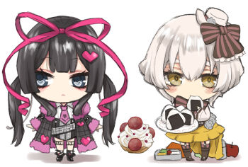 2girls ankle_boots apple belt bento black_boots black_skirt black_straps blue_eyes blunt_bangs blush_stickers boots bow brooch brown_boots brown_bow brown_eyes brown_thighhighs chibi coat eating expressionless eyelashes food frilled_bow frills fruit full_body fur-trimmed_coat fur_trim garter_straps gear_hat_ornament hair_ornament hair_ribbon hat hat_bow hat_ornament heart heart-shaped_pupils heart_brooch heart_hair_ornament high-low_skirt high-waist_skirt highres hildegard_(sweet_dreams) jewelry kinoshita_sakura long_hair looking_to_the_side loose_belt makeup mascara mini_hat multiple_girls necktie no_gloves onigiri pink_necktie pink_ribbon plaid_clothes plaid_coat punk ribbon riko_(sweet_dreams) shirt short_hair short_necktie sidelocks skirt skull_and_crossbones skull_print steampunk strap striped_bow studded_belt sweet_dreams_(kinoshita_sakura) symbol-shaped_pupils thick_eyebrows thighhighs twintails white_hair white_hat white_shirt yellow_skirt