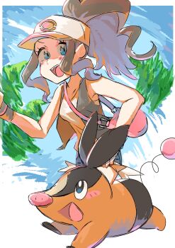 1girl baseball_cap black_vest blue_eyes blush breasts brown_hair cutoffs denim denim_shorts exposed_pocket gen_5_pokemon hat high_ponytail highres hilda_(pokemon) ichigomilk_0312 long_hair nintendo open_clothes open_mouth open_vest pig poke_ball_print pokemon pokemon_(creature) pokemon_bw ponytail shirt short_shorts shorts sidelocks smile teeth tepig upper_teeth_only vest white_shirt wristband