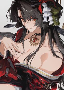 1girl absurdres artist_name black_choker black_hair breasts brown_eyes choker cleavage closed_mouth commentary crossed_bangs double-parted_bangs eyeshadow fingernails floral_print hair_between_eyes hair_ornament hair_over_shoulder highres hotori_(nte) japanese_clothes jewelry large_breasts long_hair looking_at_viewer makeup neverness_to_everness off_shoulder pendant red_eyeshadow shade sidelocks simple_background solo very_long_hair white_background yuelight