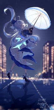 1girl absurdres ahoge black_gloves black_shoes blue_coat blue_eyes blue_hair blue_hat blurry blurry_foreground cityscape coat commentary_request english_text full_body furina_(genshin_impact) genshin_impact gloves hat high_heels highres holding holding_umbrella imasaki_kei long_hair looking_up multicolored_hair night rain shadow shoes single_glove sky socks solo tailcoat top_hat twitter_username umbrella very_long_hair white_hair white_socks