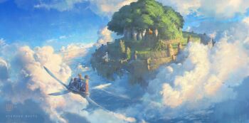 1boy 1girl above_clouds artist_logo artist_name baggy_pants bird blue_pants blue_sky braid brown_hair brown_hat brown_vest building castle cloud cloudy_sky commentary day dome flapter floating_castle floating_island flying giant_tree hairband hand_on_railing hat highres holding logo long_hair long_sleeves looking_ahead looking_to_the_side low-braided_long_hair low-tied_long_hair outdoors pants pazu plant_roots puffy_short_sleeves puffy_sleeves red_hairband red_pants riding ruins scenery sheeta shirt short_hair short_sleeves sky standing stephen_njoto tenkuu_no_shiro_laputa tree twin_braids twintails vest white_bird white_shirt wide_shot yellow_shirt