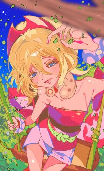 1girl absurdres blonde_hair blue_eyes blush bracelet branch breasts cttn1117 eyelashes grass hair_between_eyes hairband highres irida_(pokemon) jewelry looking_at_viewer neck_ring nintendo on_swing open_mouth outdoors pokemon pokemon_legends:_arceus red_hairband red_shirt sash shirt short_hair shorts smile solo strapless strapless_shirt swing waist_cape white_shorts