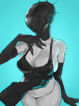 1girl apron blue_background bomb_devil_(chainsaw_man) breasts chainsaw_man cleavage elbow_gloves fukuya_art gloves greyscale_with_colored_background highres huge_breasts object_head panties solo underwear