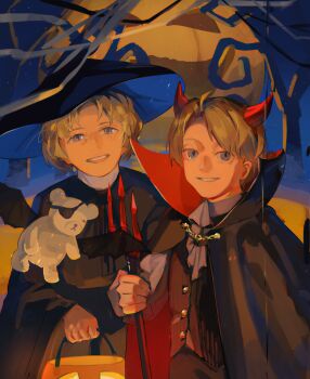 2boys a_abeaver aged_down ahoge alternate_costume america_(hetalia) ascot axis_powers_hetalia bat_wings black_cape black_cloak black_hat black_pants black_vest blonde_hair blue_eyes blue_hat blue_sky brothers bucket buttons canada_(hetalia) cape chain child cloak commentary cowboy_shot demon_horns english_commentary eyepatch fake_horns fake_wings gold_chain grey_ascot grey_shirt halloween halloween_bucket halloween_costume hat highres holding holding_bucket holding_polearm holding_weapon horns long_sleeves looking_at_viewer male_focus multiple_boys night open_mouth outdoors pants polearm puffy_long_sleeves puffy_sleeves purple_eyes red_cloak shirt short_hair siblings sky smile standing star_(sky) starry_sky stuffed_animal stuffed_toy teddy_bear teeth tree trident two-sided_cloak two-sided_fabric two-sided_headwear vest weapon white_shirt wide_sleeves wings wizard_hat