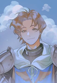 1boy absurdres armor brown_eyes brown_hair cape chinese_commentary closed_mouth cloud commentary_request crick_(octopath_traveler) curtained_hair dusk highres knight looking_at_viewer male_focus octopath_traveler octopath_traveler_ii pauldrons quunbisouscommeca shoulder_armor sky smile solo star_(sky) tabard upper_body white_cape
