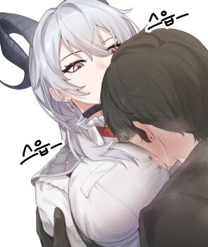 1boy 1girl between_breasts black_choker black_gloves black_hair black_horns breasts button_gap choker closed_mouth commentary_request curled_horns earrings elsi expressionless face_between_breasts gloves hair_between_eyes hand_on_another's_shoulder head_between_breasts highres horns jewelry key_earrings korean_commentary large_breasts long_hair looking_at_another male_rover_(wuthering_waves) necktie red_eyes red_necktie rover_(wuthering_waves) shirt simple_background white_background white_hair white_shirt wuthering_waves zani_(wuthering_waves)