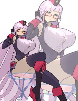 azur_lane breasts button_gap chair glasses gneisenau_(azur_lane) highres invisible_chair large_breasts light_smile long_hair looking_at_viewer miniskirt on_chair shy-bear sitting skirt thighhighs very_long_hair