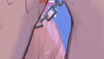 1girl blue_background chain character_request commentary copyright_request english_commentary from_behind hiatsz highres pussy_juice solo thigh_focus thighhighs thumbnail_collage white_thighhighs