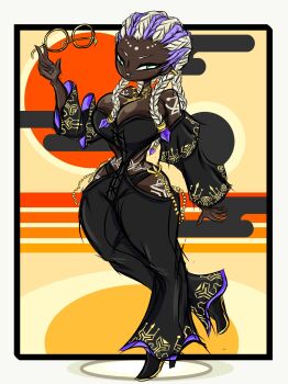 1girl bodypaint braid breasts dark-skinned_female dark_skin dolores_(kof) dress female_focus glasses gold green_eyes highres huge_breasts large_breasts long_hair multicolored_hair purple_hair round_eyewear standing the_king_of_fighters thedrown1 thick_lips thick_thighs thighs two-tone_hair white_hair