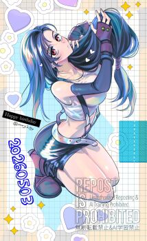 1girl bare_legs bare_shoulders belt birthday black_hair black_skirt black_sleeves blush boots breasts commentary_request crop_top dated detached_sleeves final_fantasy final_fantasy_vii fingerless_gloves floating_hair flower full_body gloves grid_background heart highres large_breasts long_hair looking_at_viewer low-tied_long_hair materia midriff miniskirt mrg2by parted_lips pencil_skirt red_boots red_eyes red_gloves skirt solo sparkle suspender_skirt suspenders tank_top thighs tifa_lockhart white_flower white_tank_top
