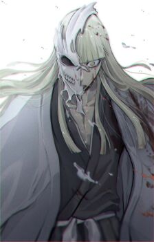 1boy bleach blonde_hair blunt_bangs blunt_ends collarbone commentary_request haori highres hirako_shinji japanese_clothes kimono long_hair male_focus siji105 simple_background solo taichou_haori transformation white_background yellow_eyes