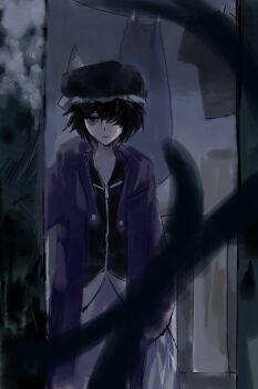 1other absurdres androgynous baggy_shorts black_hair black_hat black_shirt buttons chinese_commentary closed_mouth clothesline cloud cloudy_sky collared_shirt commentary commentary_request cowboy_shot detached_hood doorway english_commentary fence frilled_headwear frown hair_over_one_eye hat highres hood hood_down hooded_jacket jacket len&#039;en long_sleeves looking_at_viewer mixed-language_commentary mob_cap open_clothes open_jacket opening_door other_focus outdoors pov_doorway purple_eyes purple_jacket shirt shitodo_kuroji short_hair shorts sky sleeves_past_fingers sleeves_past_wrists solo standing straight-on triangular_headpiece unamused white_shorts wide_sleeves yancao_(pixiv_103434280) zipper zipper_pull_tab