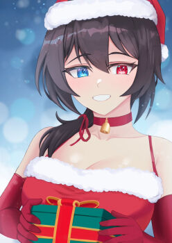 Rule 34 | 1girl, abstract background, bell, blue eyes, blurry, bokeh, box, breasts, brown hair, brulee, choker, cleavage, collarbone, commentary, depth of field, dottovu, double-parted bangs, dress, elbow gloves, fur-trimmed dress, fur-trimmed headwear, fur trim, gift, gift box, gloves, hair between eyes, hair over shoulder, hair ribbon, hat, heterochromia, holding, holding gift, indie virtual youtuber, light blush, looking at viewer, medium breasts, medium hair, neck bell, open mouth, pendant choker, ponytail, red choker, red dress, red eyes, red gloves, ribbon, santa hat, sleeveless, sleeveless dress, smile, solo, teeth, upper body