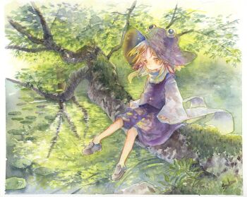 1girl absurdres black_shoes blonde_hair border commentary_request full_body hair_ribbon highres lily_pad loafers long_sleeves looking_at_viewer medium_hair moriya_suwako on_branch painting_(medium) purple_skirt purple_vest red_ribbon reflection reflective_liquid ribbon shirt shoes signature sitting skirt solo syukou touhou traditional_media tress_ribbon vest water watercolor_(medium) white_border white_shirt wide_sleeves yellow_eyes