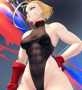 1girl ahoge armpits artist_name bare_shoulders black_leotard blonde_hair blue_eyes breasts cammy_white choker covered_abs covered_erect_nipples covered_navel curvy facial_scar fingerless_gloves gabriel_carrasquillo gloves hand_on_own_hip highleg highleg_leotard huge_ahoge leotard looking_ahead medium_breasts muscular muscular_female narrow_waist obliques parted_lips patreon_username red_choker red_gloves scar scar_on_cheek scar_on_face short_hair sleeveless_turtleneck_leotard solo street_fighter street_fighter_6 thong_leotard upper_body wide_hips wrist_guards