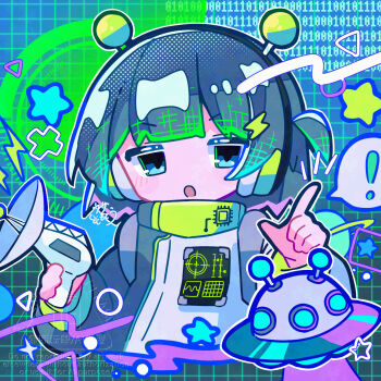 Rule 34 | !, 1girl, :o, antennae, binary, black hairband, blue eyes, blunt bangs, blush stickers, commentary request, cropped torso, green background, green hair, grid background, hairband, highres, index finger raised, jacket, long hair, long sleeves, looking at viewer, notice lines, one side up, open mouth, original, outline, signature, solo, spoken exclamation mark, star (symbol), ufo, usa motou, white jacket, white outline