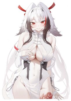 1girl absurdres bare_shoulders blush breasts cleavage cleavage_cutout clothing_cutout commentary covered_navel cropped_legs dress fingernails grey_hair hair_between_eyes hand_on_own_chest highres large_breasts long_hair looking_at_viewer pelvic_curtain red_eyes sbgu simple_background very_long_hair white_background white_dress ye_shunguang zenless_zone_zero