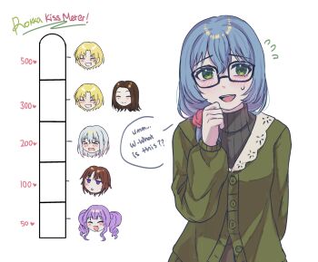 &gt;_&lt; 6+girls absurdres asahi_rokka bang_dream! blonde_hair blue_hair blush brown_hair cardigan commentary english_commentary english_text fang flying_sweatdrops green_cardigan green_eyes grey_hair grin hand_up heart highres kiss_meter_(meme) kurata_mashiro long_hair luvechaee meme multiple_girls open_mouth purple_eyes purple_hair sato_masuki short_hair smile speech_bubble sweat swimsuit toyama_asuka twintails udagawa_ako wakana_rei white_background