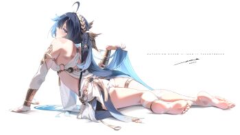 1girl absurdres ahoge ancient_greek_clothes arm_support armlet bare_shoulders barefoot black_skirt blue_eyes blue_hair breasts commentary feet greco-roman_clothes highres iuno_(wuthering_waves) jewelry laurel_crown long_hair looking_at_viewer looking_to_the_side medium_breasts miniskirt noto_(noto_1213) parted_lips sideways_glance signature simple_background skirt soles solo thighlet toes torso_twist vambraces white_background wuthering_waves