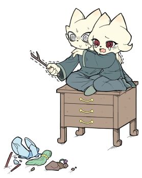 1boy 1girl @_@ blue_coat blue_pants bowl brother_and_sister cat_boy cat_girl chest_of_drawers chopsticks coat crying dirt furry furry_female furry_male heng_(nine_sols) highres holding holding_stick nine_sols pants siblings simple_background sitting snake stick white_background yi_(nine_sols) yyang_gg