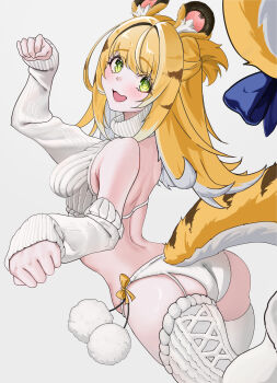 1girl absurdres alternate_costume animal_ear_fluff animal_ears ass back bare_shoulders blonde_hair blush bow breasts colored_inner_hair commentary_request crop_top from_side green_eyes grey_background highres ju_fufu leg_up long_hair looking_at_viewer looking_back monogatari0204 multicolored_hair open_mouth orange_fur orange_ribbon panties paw_pose pom_pom_(clothes) ribbon small_breasts solo striped_fur striped_hair tail tail_bow tail_ornament thighhighs tiger_ears tiger_girl tiger_stripes tiger_tail turtleneck underwear white_arm_warmers white_panties white_thighhighs zenless_zone_zero