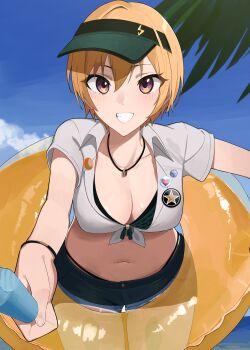 Rule 34 | 1girl, :d, absurdres, beach, bikini, bikini under clothes, bikini bottom under shorts, blonde hair, blush, bracelet, breasts, buoy, cleavage, cloud, denim, denim shorts, food, garuku1120, highres, holding, holding food, holding popsicle, idolmaster, idolmaster shiny colors, jewelry, light blush, looking at viewer, medium breasts, midriff, navel, necklace, ocean, open mouth, outdoors, palm tree, popsicle, purple eyes, saijo juri, shirt, short hair, short sleeves, shorts, sky, smile, solo, stomach, swimsuit, teeth, tied shirt, tree, visor cap, water, white shirt