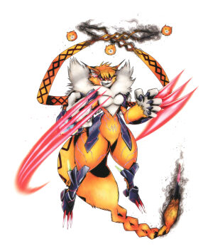 +_+ 1girl absurdres animal_ears armor aura bandai breasts cat_ears cat_girl cat_tail claws crazy_eyes crazy_smile digimon fangs full_body fur_collar furry furry_female glowing_markings highres japanese_text looking_at_viewer medium_breasts meicrackmon_vicious_mode official_art red_eyes scan sharp_nails sharp_teeth smile solo tail teeth wide_hips
