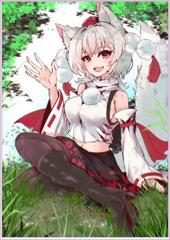 1girl absurdres animal_ears black_boots black_pantyhose black_skirt blue_sky_(user_zgac4337) blush boots breasts brown_boots day detached_sleeves fang grass hat high_heel_boots high_heels highres inubashiri_momiji knee_boots leaf_print looking_at_viewer maple_leaf_print midriff miniskirt navel on_grass on_ground open_mouth outdoors pantyhose pom_pom_(clothes) red_eyes red_hat ribbon-trimmed_sleeves ribbon_trim shirt short_hair sitting skin_fang skirt sleeveless sleeveless_shirt smile solo tail tokin_hat touhou turtleneck turtleneck_shirt waving white_hair white_shirt white_sleeves wolf_ears wolf_girl wolf_tail yokozuwari