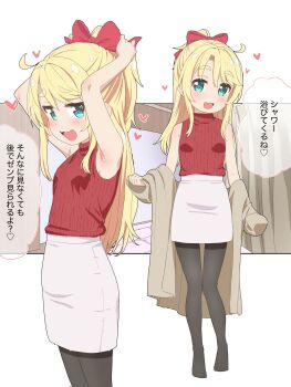 1girl :3 aqua_eyes armpits arms_up blush bow breasts coat_partially_removed commentary_request hair_bow heart high_ponytail highres himesaka_noa long_hair looking_at_viewer multiple_views open_mouth pantyhose pencil_skirt ponytail red_bow red_sweater shirt_tucked_in skirt sleeveless sleeveless_sweater small_breasts speech_bubble sweater warukusu watashi_ni_tenshi_ga_maiorita! white_skirt
