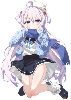 1girl ahoge black_skirt blue_sailor_collar blue_scarf blue_sweater blush commission full_body hat high-waist_skirt layered_skirt leg_warmers long_hair long_sleeves looking_at_viewer monyosato original purple_eyes purple_hair sailor_collar scarf school_uniform shirt simple_background skeb_commission skirt smile solo sweater white_background white_hat white_shirt