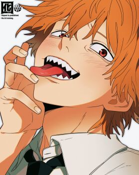 1boy black_necktie chainsaw_man commentary_request denji_(chainsaw_man) hand_up highres looking_at_viewer male_focus necktie orange_hair otori_0 portrait red_eyes sharp_teeth shirt short_hair simple_background solo teeth tongue tongue_out white_background white_shirt