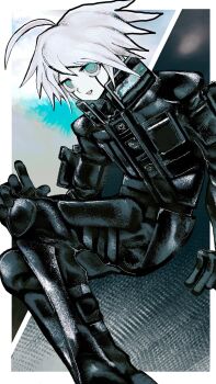 Rule 34 | 1boy, ahoge, android, armor, black gloves, blue eyes, border, colored skin, danganronpa (series), danganronpa v3: killing harmony, gloves, hair between eyes, highres, invisible chair, joints, k1-b0, looking at viewer, male focus, muted color, open mouth, outside border, power armor, ringed eyes, robot joints, s4km73, short hair, simple background, sitting, smile, solo, white border, white hair, white skin