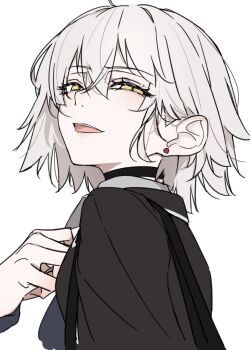 1girl black_choker black_jacket choker fate/grand_order fate_(series) grey_hair hair_between_eyes half-closed_eyes highres jacket jeanne_d&#039;arc_alter_(fate) looking_at_viewer official_alternate_costume pseudo-tokyo_school_uniform ri_o_ne_su school_uniform simple_background smile solo white_background yellow_eyes