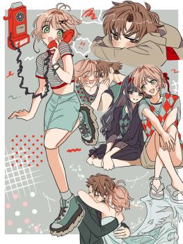 Rule 34 | 1boy, 2girls, brown eyes, brown hair, cardcaptor sakura, checkered clothes, checkered shirt, commentary request, daidouji tomoyo, green eyes, green shoes, green skirt, highres, hug, kinomoto sakura, kuroan, li syaoran, midriff, multiple girls, multiple views, payphone, pencil skirt, phone, shirt, shoes, short hair, skirt, sneakers, striped clothes, striped shirt