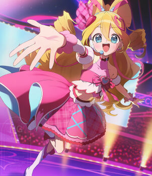 1girl :d arm_warmers bare_shoulders blonde_hair blue_eyes boots bow-shaped_hair collarbone commentary_request crop_top cure_idol detached_sleeves drill_hair earrings hair_between_eyes hair_ornament hair_ribbon headset heart heart-shaped_hair heart_earrings heart_hair_ornament highres idol_heart_brooch_(precure) jewelry kimi_to_idol_precure knee_boots long_hair looking_at_viewer magical_girl midriff multicolored_hair navel open_mouth outstretched_arm pink_hair pink_ribbon pink_shirt pink_skirt pink_wrist_cuffs plaid_clothes plaid_ribbon plaid_skirt precure puffy_detached_sleeves puffy_sleeves reaching reaching_towards_viewer ribbon sakura_uta_(precure) shirt single_arm_warmer skirt smile solo streaked_hair teeth twin_drills two-tone_hair upper_teeth_only very_long_hair white_arm_warmers white_boots white_sleeves wrist_cuffs yuzu_sato