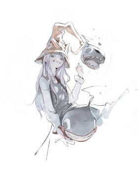 1girl absurdres black_dress black_eyes dress eruka_frog hat highres kanji_(nievart) long_hair looking_at_viewer pinafore_dress purple_hair shirt simple_background sleeveless sleeveless_dress solo soul_eater white_background white_shirt witch_hat