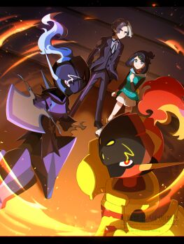 1boy 1girl amethio_(pokemon) armarouge black_jacket black_pants black_shirt black_shoes black_vest ceruledge collared_shirt commentary_request fire grey_shirt hair_ornament hairclip highres hood hood_down hooded_vest hoodie jacket kinoneko_(ekakenaisan) liko_(pokemon) multicolored_hair nintendo open_clothes open_jacket pants pokemon pokemon_(anime) pokemon_(creature) pokemon_horizons shirt shoes short_hair shorts standing two-tone_hair vest white_shoes white_shorts