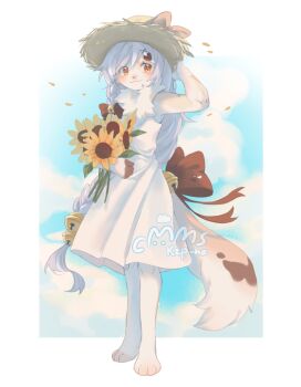 1girl animal_feet animal_hands bell border bow braid calico_(pattern) cat_girl cat_tail cloud commentary commission dilute_tortoiseshell dress floating_hair flower fluffy full_body furry furry_female hair_bell hair_ornament hat highres jingle_bell long_hair looking_at_viewer neku_boo original red_bow single_braid solo standing straw_hat sunflower tail tail_bell tail_bow tail_ornament very_long_hair watermark white_border white_dress white_hair yellow_background