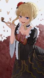 Rule 34 | 1girl, absurdres, beatrice (umineko), black dress, blonde hair, blue eyes, blunt bangs, breasts, choker, cleavage, commentary request, cowboy shot, dress, flower, framed breasts, frilled choker, frilled sleeves, frills, goback, hair flower, hair ornament, hand up, highres, holding, holding smoking pipe, long sleeves, looking at viewer, open mouth, red flower, red rose, rose, short hair, sidelocks, smile, smoking pipe, solo, umineko no naku koro ni, wide sleeves