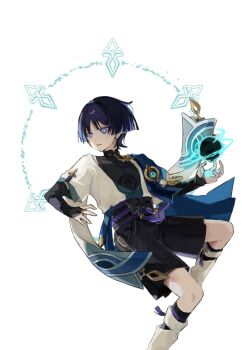1boy 624_itumo anemo_symbol_(genshin_impact) aqua_gemstone aqua_halo armor arms_at_sides belt black_belt black_bodysuit black_bow black_shorts blue_cape blue_kimono blue_sleeves blunt_ends bodysuit bow cape clothing_cutout eyeliner eyeshadow feathers furisode gem genshin_impact gold gold_ring hakama hakama_shorts halo highres hip_vent japanese_armor japanese_clothes juban kimono kote kurokote layered_sleeves makeup male_focus mandarin_collar middle_ring open_clothes open_hands open_kimono parted_lips pleated_shorts pom_pom_(clothes) purple_rope purple_sash red_eyeliner red_eyeshadow rope sash scaramouche_(genshin_impact) short_sleeves shorts shoulder_peek solo vortex wanderer_(genshin_impact) white_kimono white_sleeves wide-eyed wispy_bangs yellow_feathers